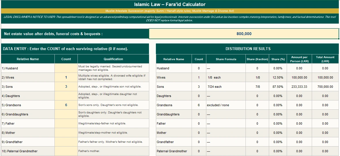 Mock interface showing an estate entry form beside a computed share breakdown